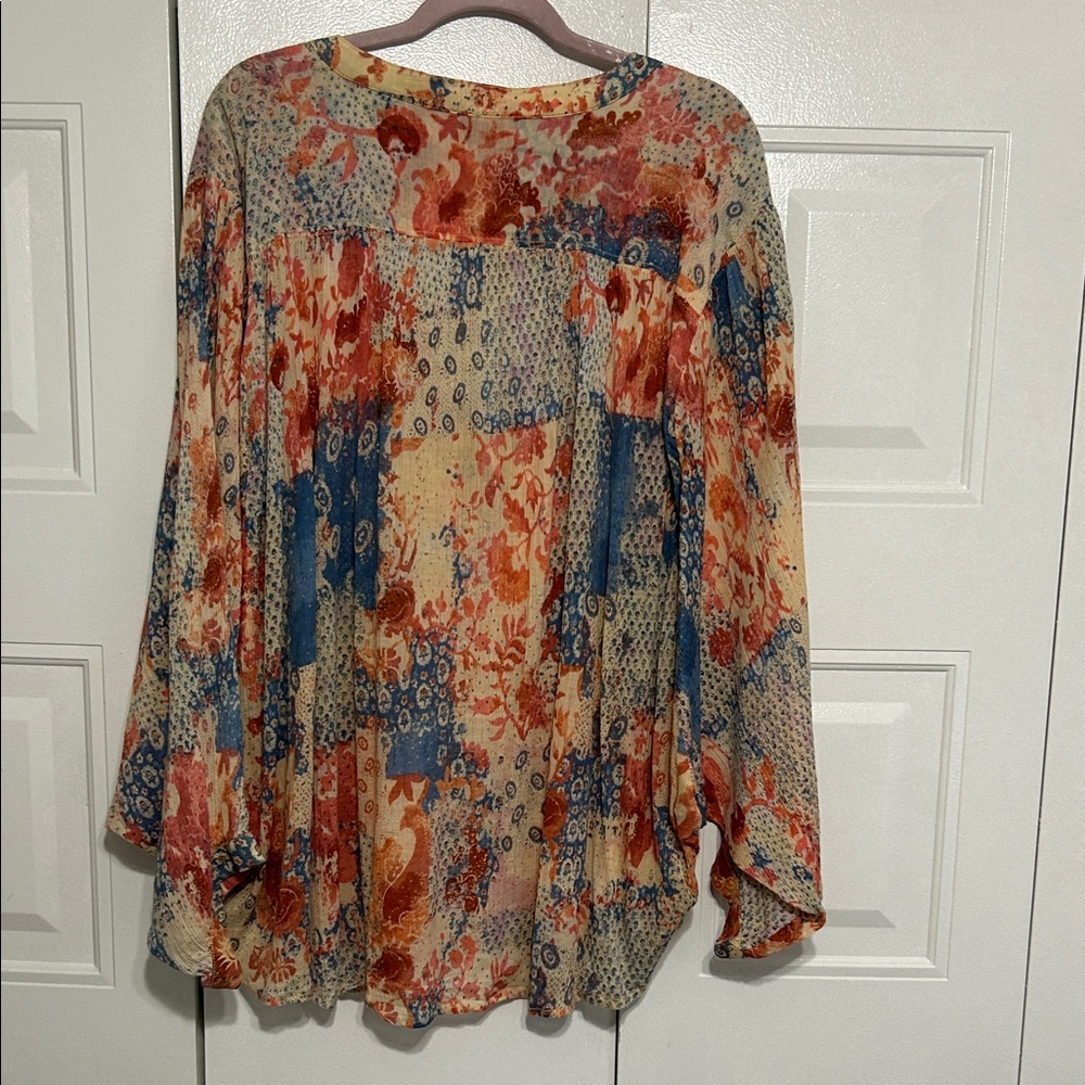Anthropologie Sheer Patchwork Floral Button-Front Blouse - Cream, Blue & Rust - Picture 3 of 3